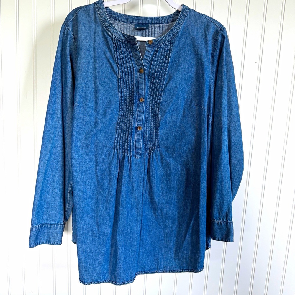 J. Jill Women's XL Blue Denim 100% Cotton Pleated Button Front Tunic Blouse